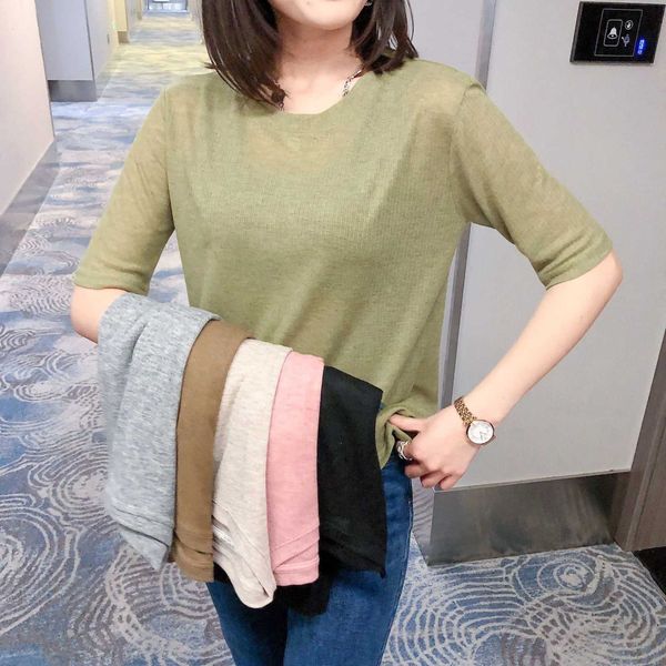 

summer new style tiansi shuangma 4x3 round neck middle sleeve korean pure color simple fashion women's bottom coat, White