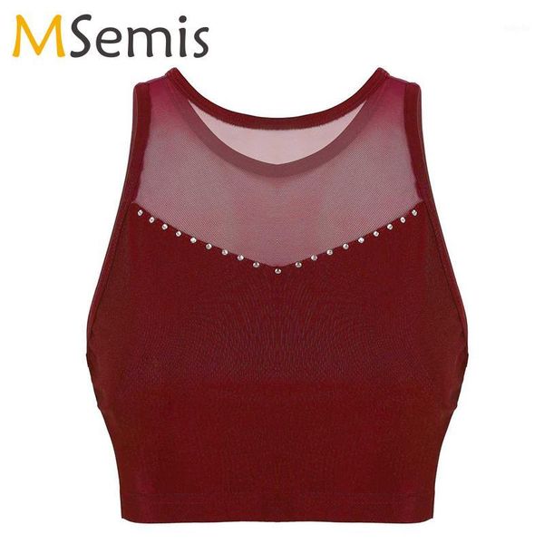

dance clothes women round neck sleeveless tank dancewear mesh spliced dance crop ballet stage performance costume, Black;red