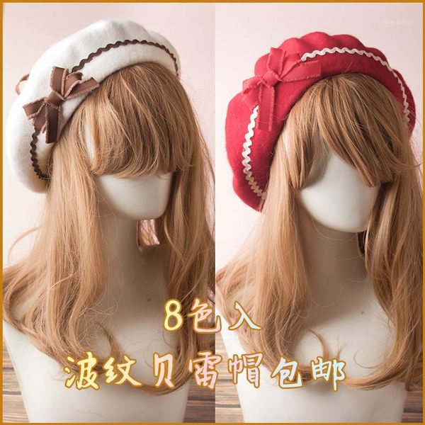 

8 colours japanese handmade hair bow pattern original ball beret fried soft sister lolita bud cap by hand1, Blue;gray
