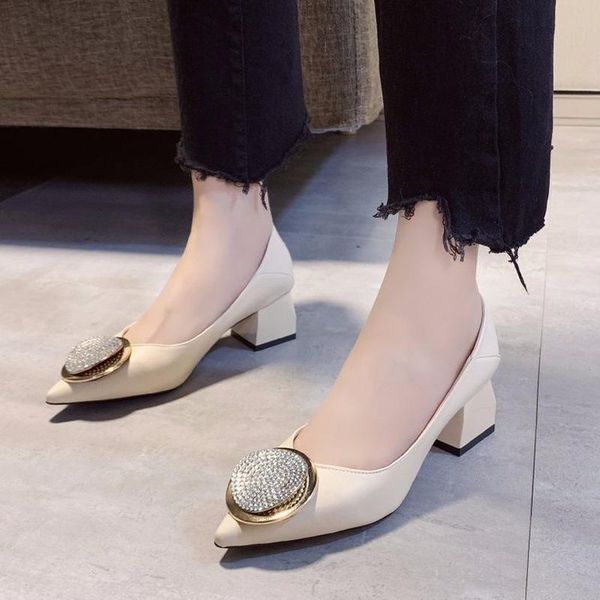 

новая мода насосы женщины сплошной rhinestone площади пряжка женская обувь скольжения на пологих толстые высоких каблуках остроконечные toe, Black