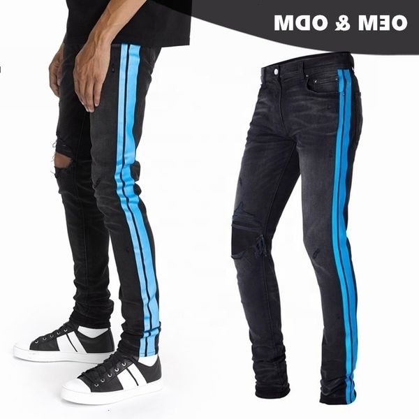 

oem mens ripped denim scratch track black jeans men