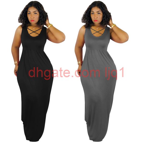 

women maxi dresses summer clothes pure color clubwear vest dresses casual sleeveless loose floor-length dress plus size491, Black;gray
