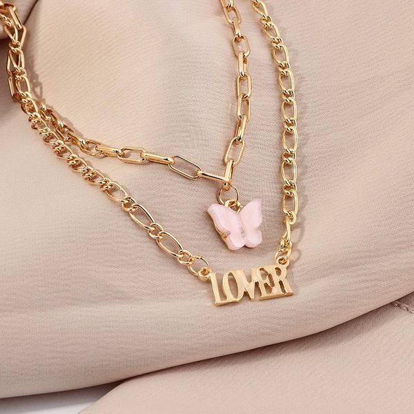 

fashion double chain angel babygirl pendant letter necklace women pink acrylic butterfly choker necklace vintage layered jewelry, Golden;silver