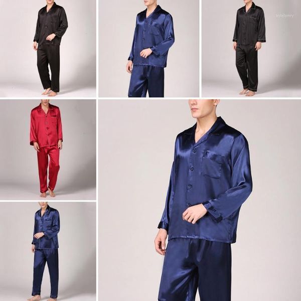 

summer mens pajama set imitation silk pajamas men sleepwear print shirt long sleeve long pants sleepwear men nightwea1, Black;brown