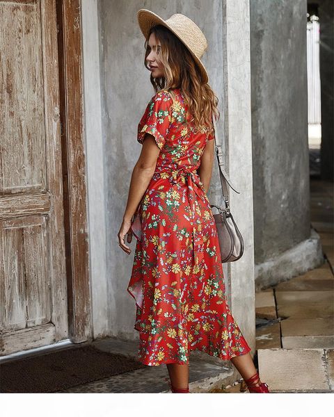 

women summer dresses 2020 new fashion sashes irregular floral printed bohemian beach dress v-neck short sleeve casual boho long dress, Black;gray