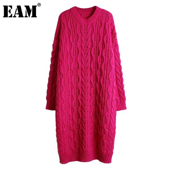 

eam] women vintage rose red big size knitting dress new round neck long sleeve loose fit fashion tide autumn winter 2021 1dc265, Black;gray