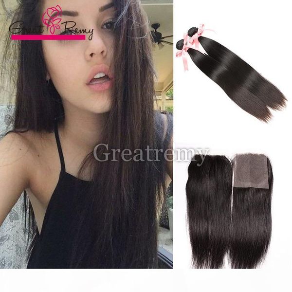 

indian virgin hair bundles with lace closure silky straight 2pcs human hair wefts + 1pc lace closure 4x4 full head natural color, Black