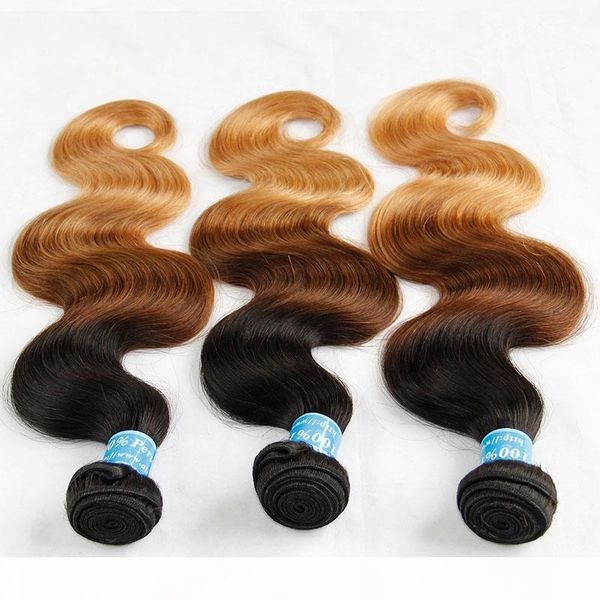 

ombre peruvian virgin human hair extensions body wave three tone 1b 4 27# black brown blonde ombre peruvian human hair weave bundles
