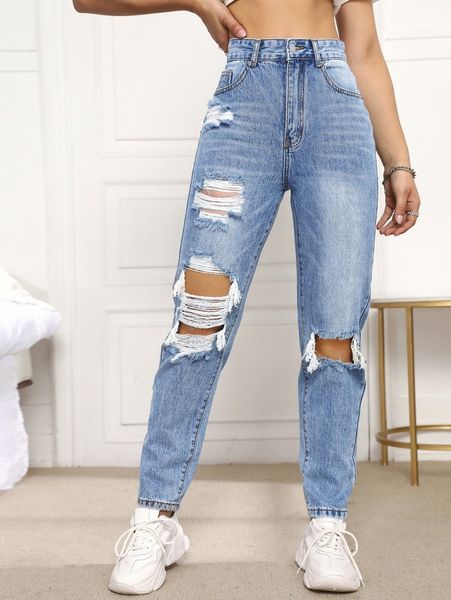 

ripped detail mom jeans y1fc#, Blue