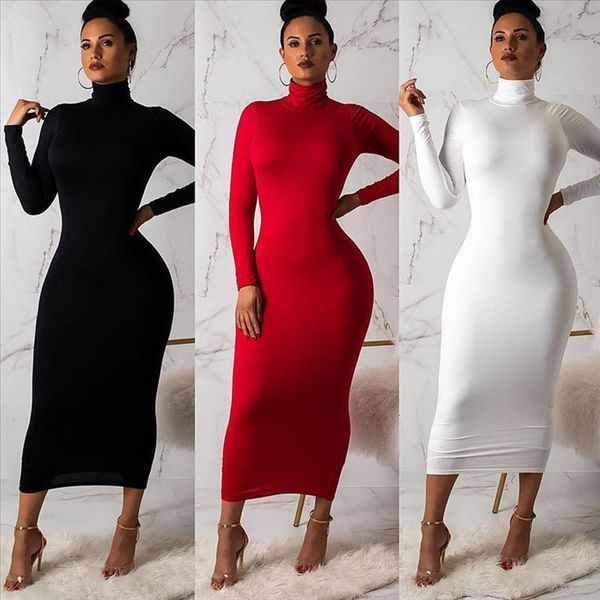 

women nightclub solid color bandage bodycon dresses turtle neck stretch long sleeve tight hip package pencil dress vestidos, Black;gray