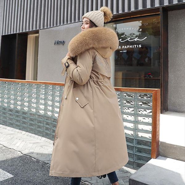 

fashion solid cotton liner parker down parkas new long hooded winter jacket women adjustable waist warm fur collar coat, Black