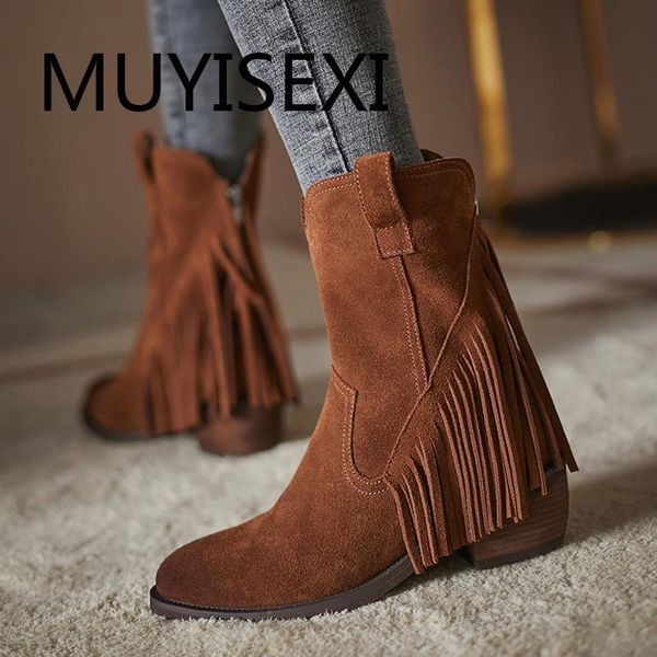 

western boots streetwear round toe 6cm high square heel zipper fringe tassel energy lady handmade cozy ankle boots tn32 muyisexi, Black