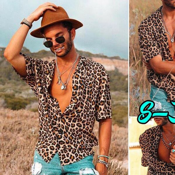 

2021 brand new mens leopard short sleeve shirt summer cool loose casual v neck shirts drop shipping, White;black