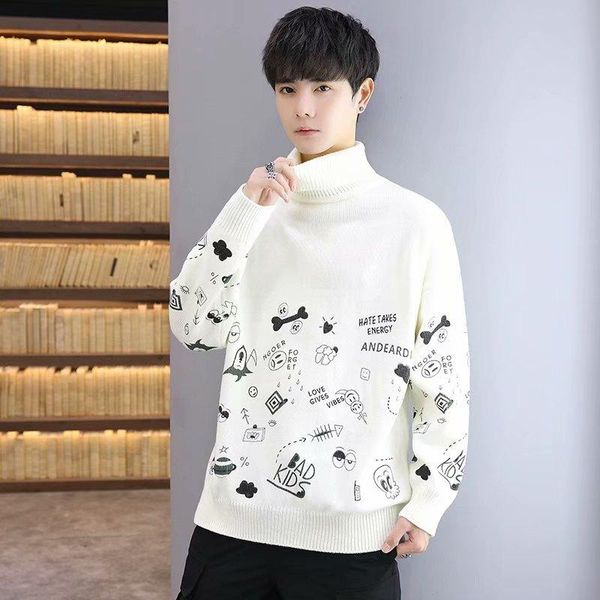 

2020 fashion men's sweaters korean autumn winter streetwear turtleneck sweater male casual funny pattern sweater men clothing, White;black