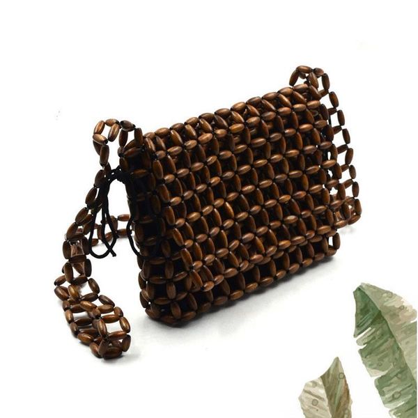 

2020 new fashion vintage women wooden beads handbag woven hand bag lady retro bamboo beach hollow out shoulder messenger bag