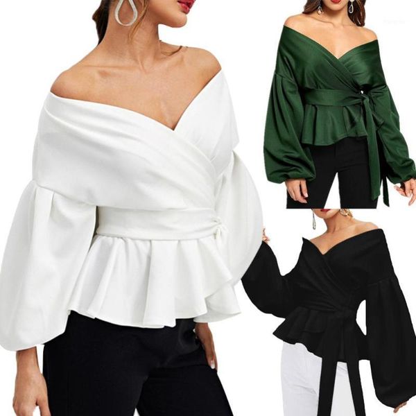 

office lady elegant blouses women long lantern sleeve solid white blouse v neck bowknot waist bandage women blouses shirts1