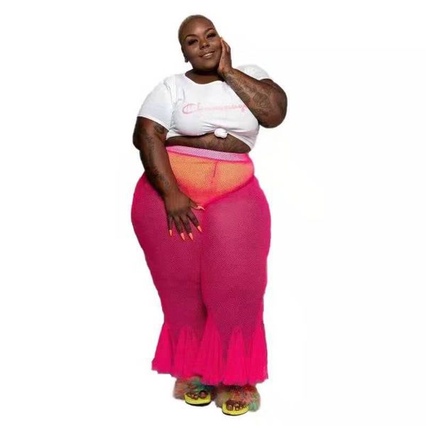 

fashion leggings plus size women clothing half perspective mesh ruffle solid color wide leg pants, Black;white
