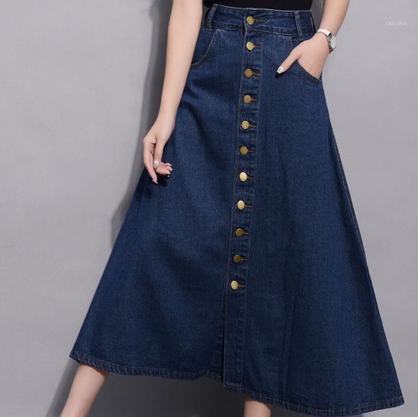 

women long skirt loose pockets high waist single-breasted denim skirt a big swing umbrella xxxl1, Black
