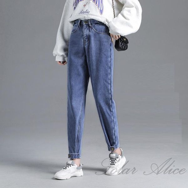 

women's jeans 2021 winter high waist harem multi-buckle loose old pants, Blue