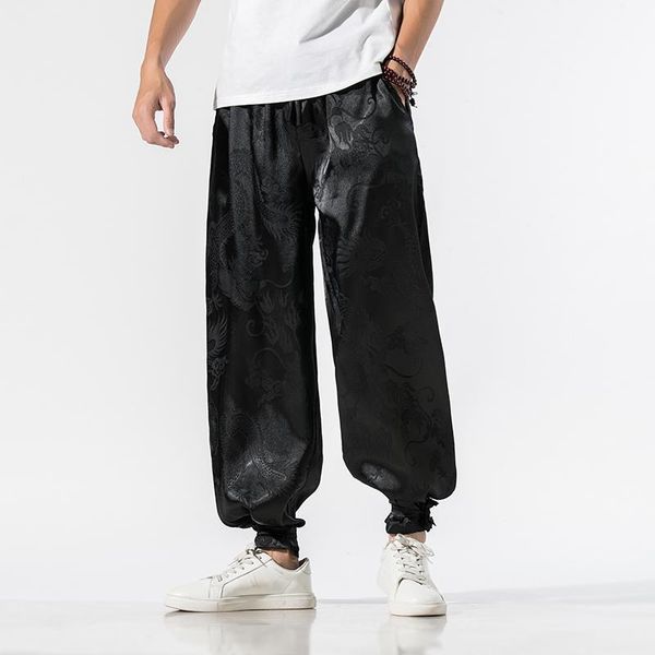 

men's pants 2021 chinese style men dragon print casual harem mens wide leg joggers trousers male hip hop loose ankle banded, Black