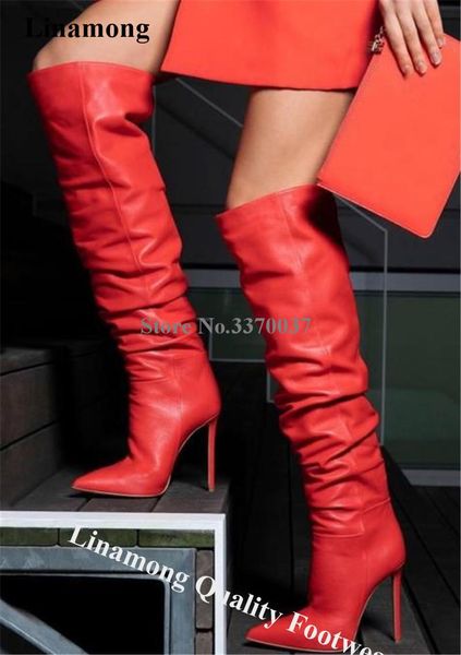 

linamong elegant pointed toe stiletto heel knee high boots red leather slip-on long high heel boots club dress shoes big size, Black