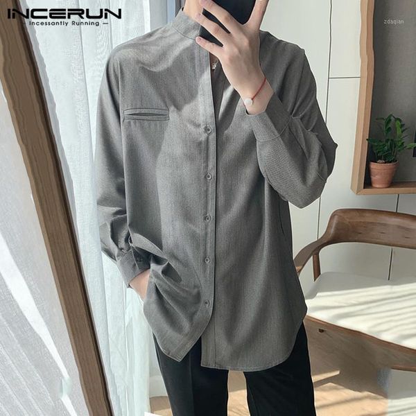

man loose buttons chemise vintage dress shirt incerun men leisure solid color shirts fashion stand collar long sleeve camisa 5xl1, White;black