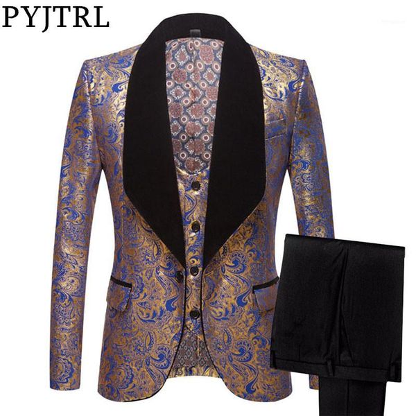 

pyjtrl mens three-piece set wedding suits gold floral pattern slim fit party prom dress tuxedo singers costume smoking uomo1, White;black