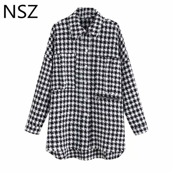 

nsz women black white houndstooth oversized tweed jacket plaid overshirt coat long sleeve female checked garment outerwear 201120, Black;brown