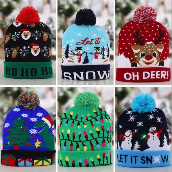 Led Natal malha chapéus Pom Pom Luz Xmas Gorros Crochet Chapéus de Inverno cervos Gilrs Quente Crânio Cap Natal Decoração Início LSK1955