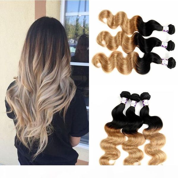 

ombre hair weave 3 bundles two tone black honey blonde 1b 27 ombre brazilian body wave human hair extensions 10-30 inch length