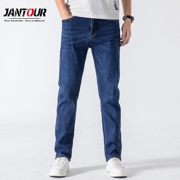

jantour classic style men brand cotton jeans business casual stretch slim denim pants blue trousers male 29-38 q0105, Black;white