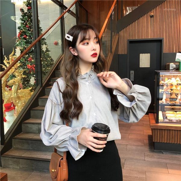 

spring autumn sweet blouse shirt women kawaii style ruffled collar solid color flare sleeve loose shirt student cute casual 1, White
