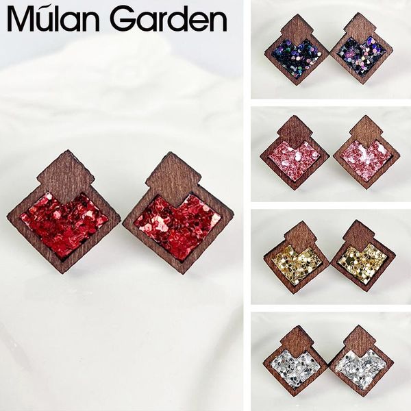

stud m&g color glitter leather earrings for women creative geometric wood fashion jewelry accessories gift, Golden;silver