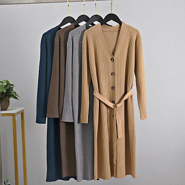 

elegant v neck long knit women straight dress with belt single breasted maxi cardigan sweater soft female jumper top, Black;gray