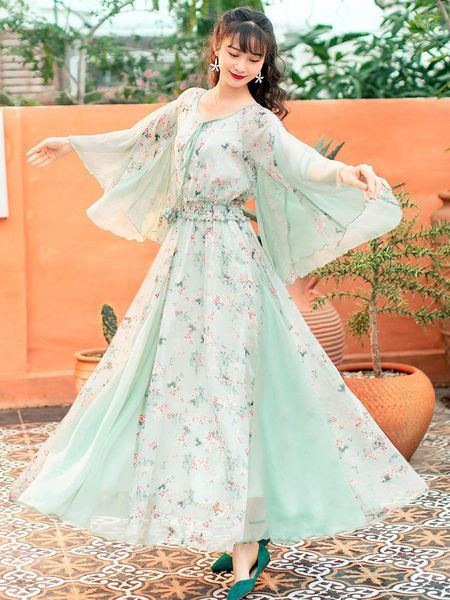 

ng 2020 new fashion women chiffon long maxi long flare sleeve dresses spring boshow bohemian flowers print dress s-l1, Black;gray