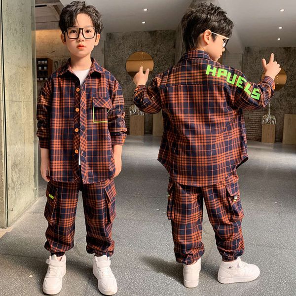 

boys' sports wear suit 2021 new children's plaid inch shirt spring and autumn two piece set, White;black