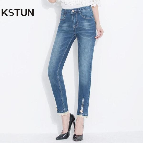 

kstun women's jeans high waist light blue push up stretch slim straight manual beaded woman denim trousers mom jeans mujer 361