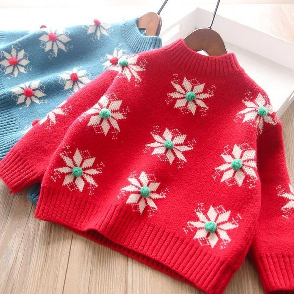 

pullover 2021 autumn/winter girls three-dimensional hairball flower round collar sweater children's clothing wholesale1, Blue