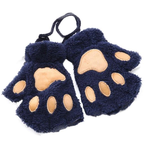 

five fingers gloves sagace half finger winter women plus velvet thickening half-finger fluffy cartoon bear cat claw, Blue;gray