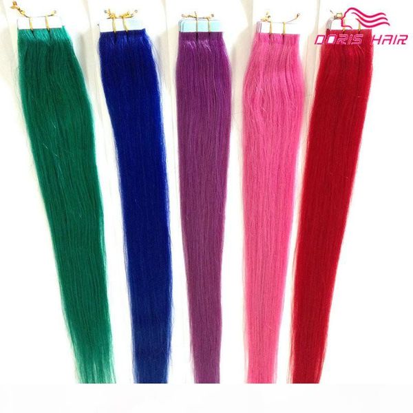 

selling silky straight tape hair extensions mix colors pink , red blue purple green tape in human hair tape on hair, Black
