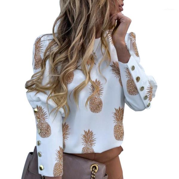 

puff shoulder blouse shirts office lady 2020 new fashion autumn metal buttoned detail blouses women pineapple print long sleeve1, White