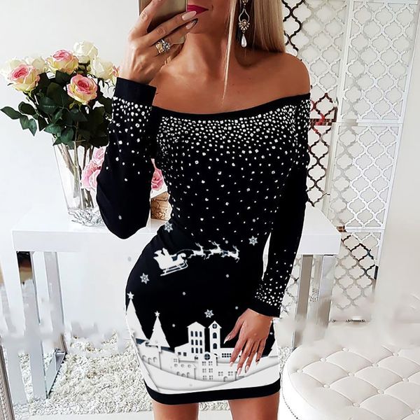 

dresses for women christmas bodycon dress 2020 fashion drilling printed woman party dresses long sleeve autumn winter lj201203, White;black
