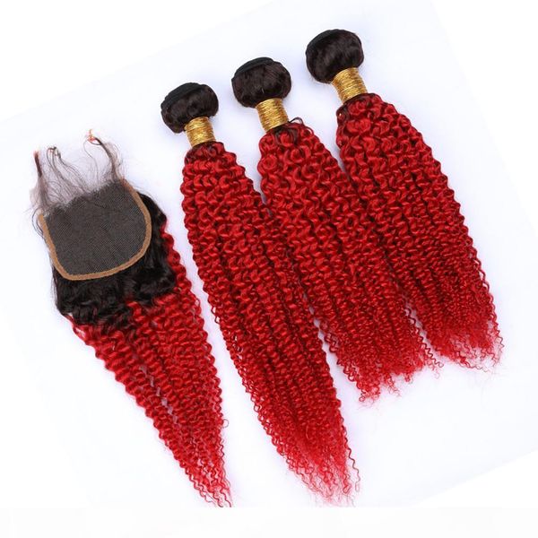 

virgin brazilian kinky hair ombre bundles with lace closure red human hair extensions with 4x4 lace closure dark roots red hair weaves, Black;brown
