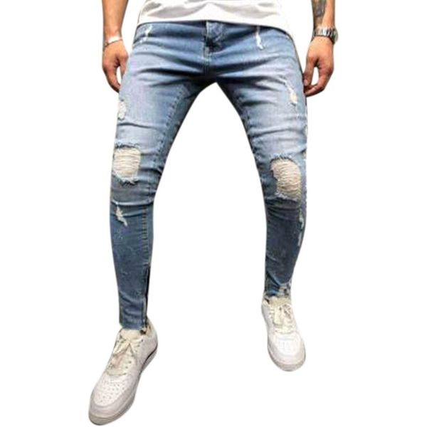 

cofekate skinny jeans mens side striped pants slim summer outdoor fit long trousers 2020 ripped men denim pants, Blue
