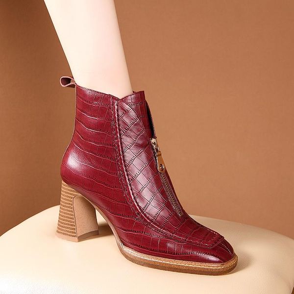 

ladies ankle boots autumn winter zipper square toe dress party shoes woman new genuine leather high heels boots, Black