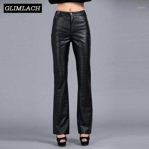 

women real leather flare pants office lady casual soft sheepskin genuine leather trousers slim plus size female wide leg pants1, Black;white