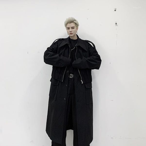 

male japan street hip hop punk loose jacket windbreaker overcoat men 2 pieces splice long trench coat outerwear1, Tan;black
