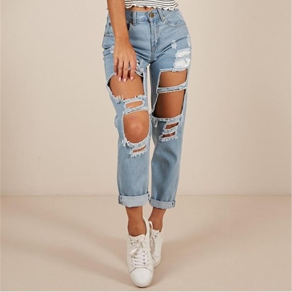 

summer ripped boyfriend jeans for women fashion loose vintage high waist jeans casual pantalones mujer vaqueros, Blue