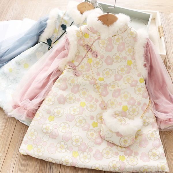 

a-line big flower cheongsam 2020 new skirt girl's lantern sve thickened cotton clip collar drs send bag, Red;yellow