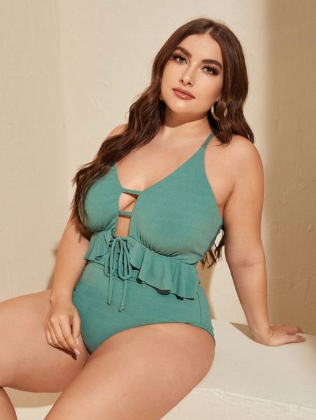 

plus rib ruffle trim tie front one piece swimsuit c6ur#, Black